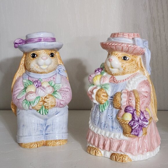 Pair of Pastel Colored Ceramic Bunny Candle Holders - Picture 1 of 10